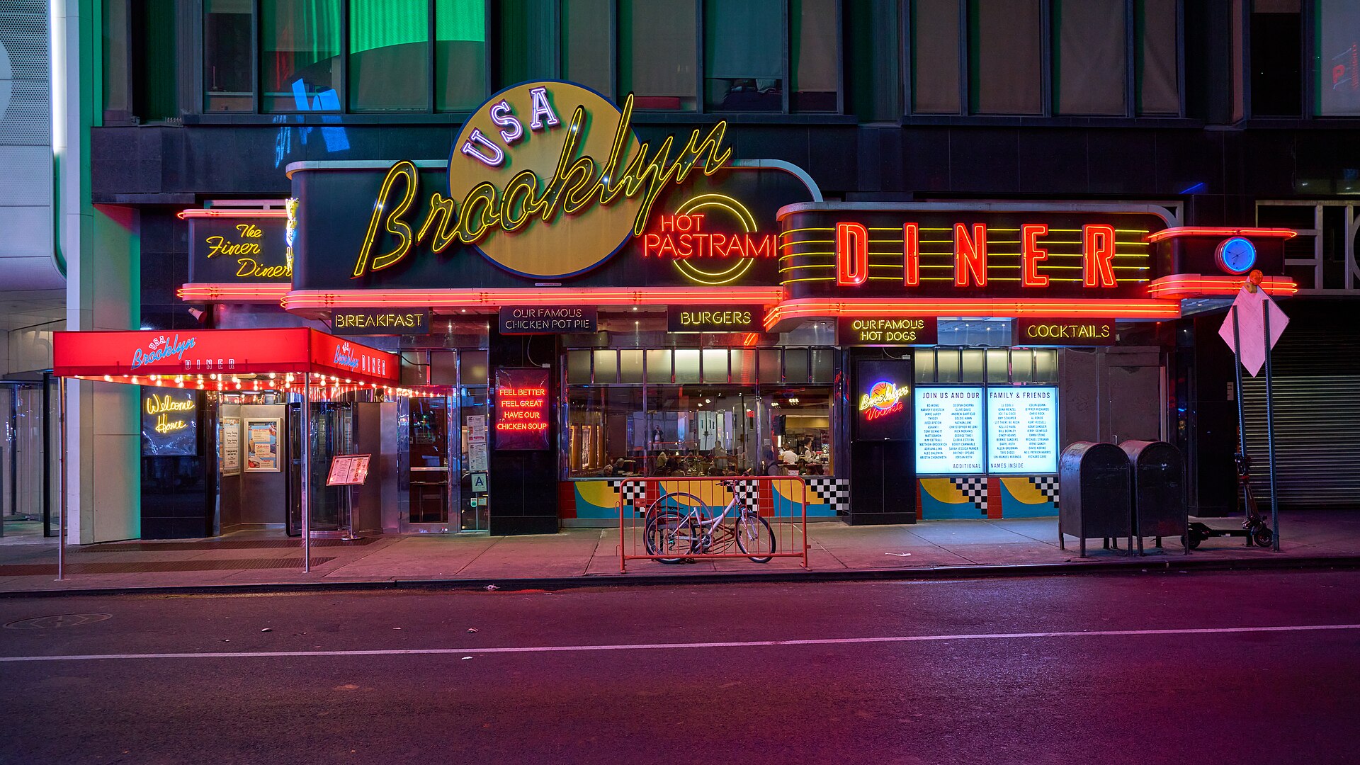 Classic American diner glowing at night